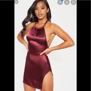 Burgundy mini Halter-neck double split dress